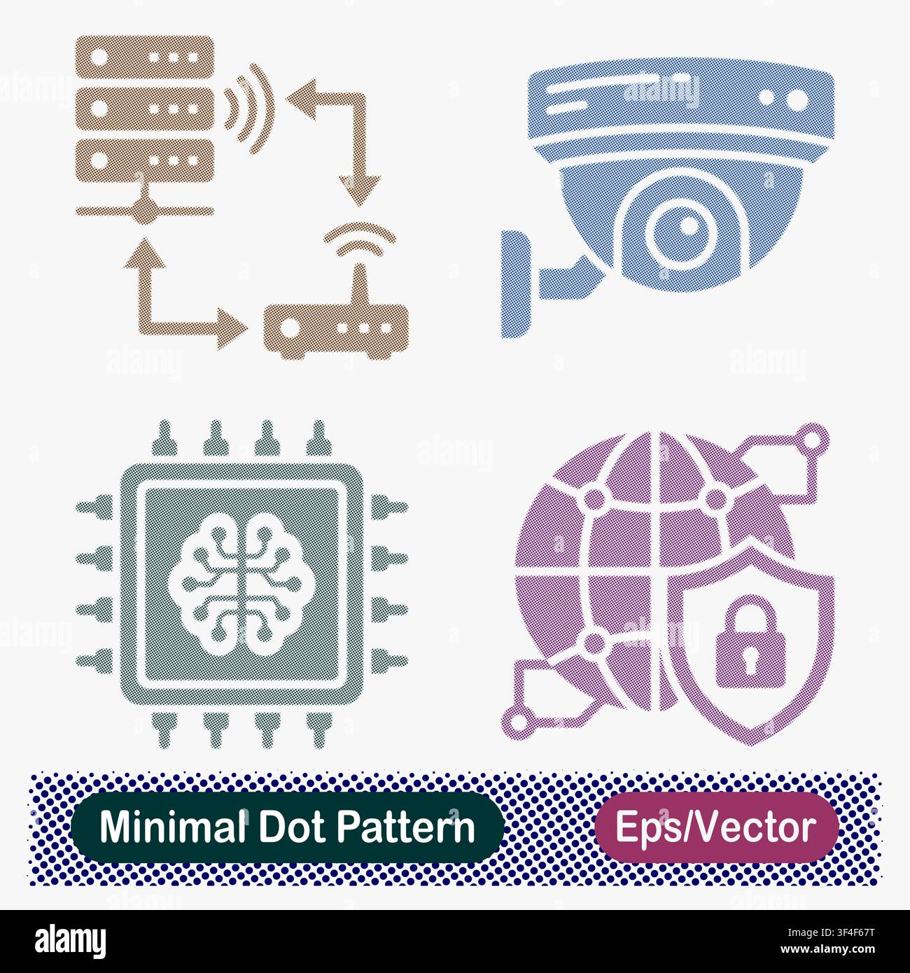 Minimal Dot Pattern Wireless Network, CCTV Surveillance, AI Processor, and Global Security Vector Icons Set Stock Vector