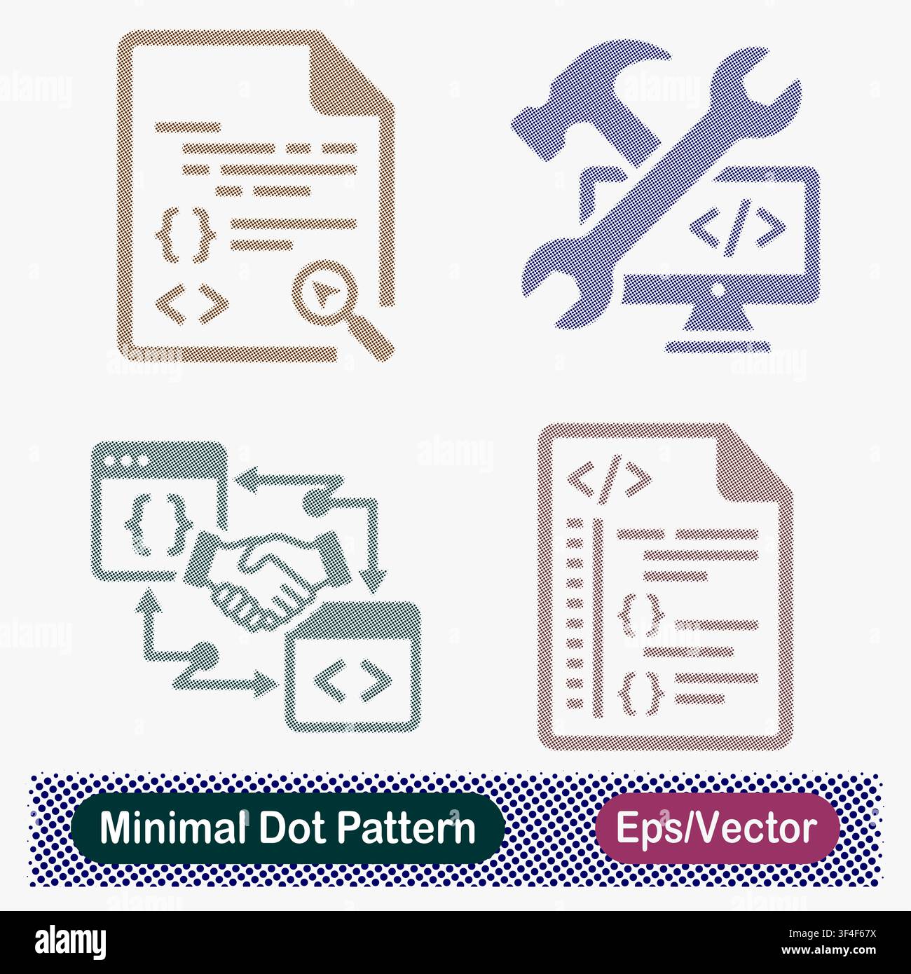 Minimal Dot Pattern Software Development, Code Review, API Integration, and Scripting Vector Icons Set Stock Vector