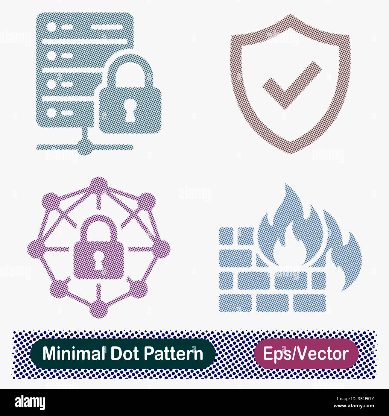 Minimal Dot Pattern Cyber Security, Server Protection, Encrypted Network, and Firewall Vector Icons Set Stock Vector