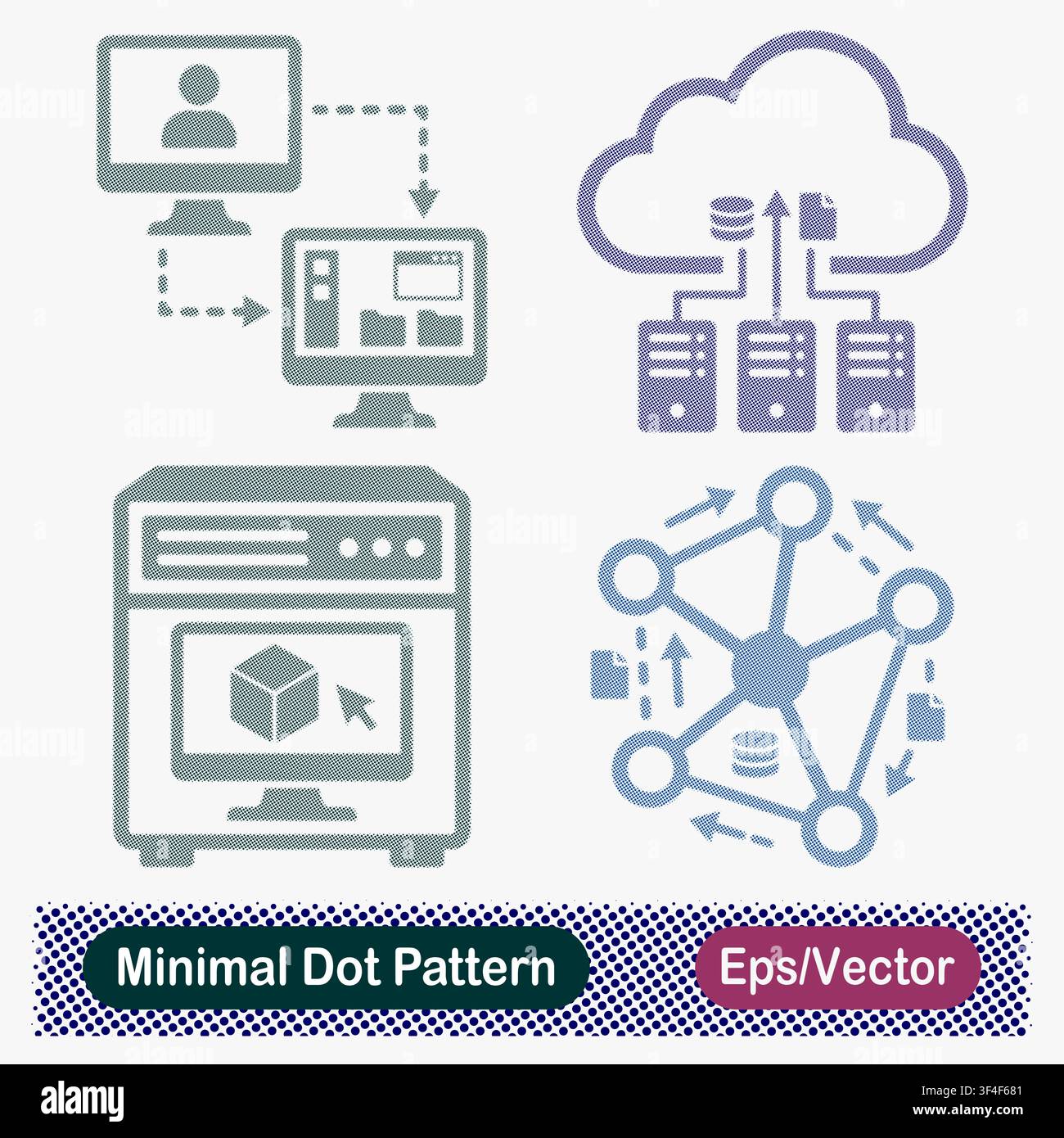 Minimal Dot Pattern Cloud Backup, Server Virtualization, and Network Sharing Vector Icons Set Stock Vector