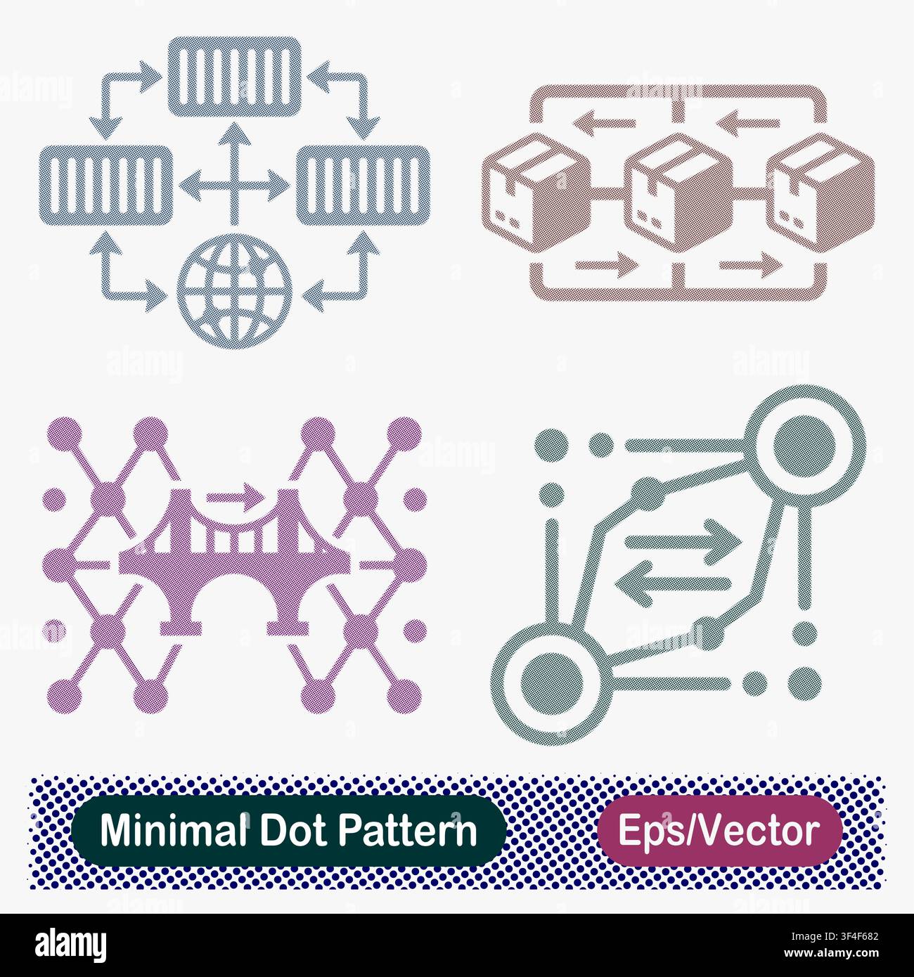 Minimal Dot Pattern Global Logistics, Supply Chain, Network Bridge, and Data Flow Vector Icons Set Stock Vector