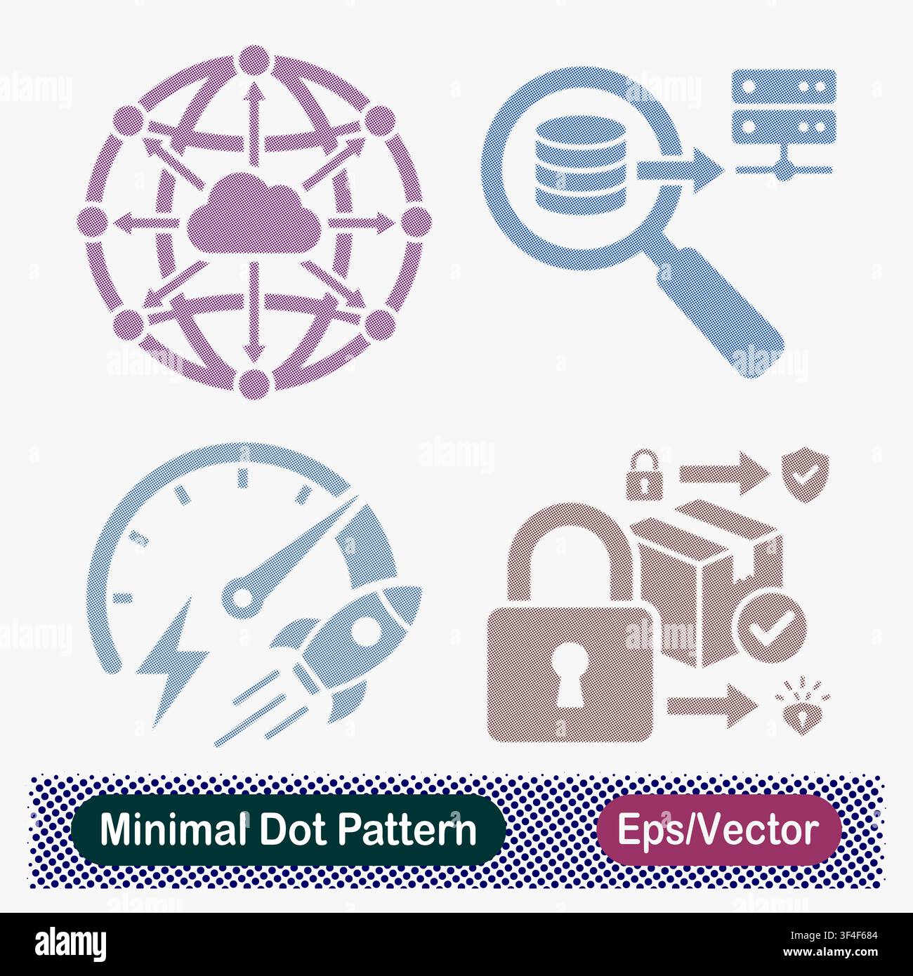 Minimal Dot Pattern Cloud Network, Data Search, Speed Performance, and Cyber Security Vector Icons Set Stock Vector