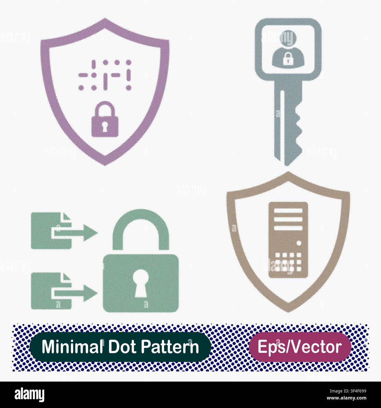Vector illustration set featuring security concepts including data protection shields, user access keys, secure file transfer, and server network Stock Vector