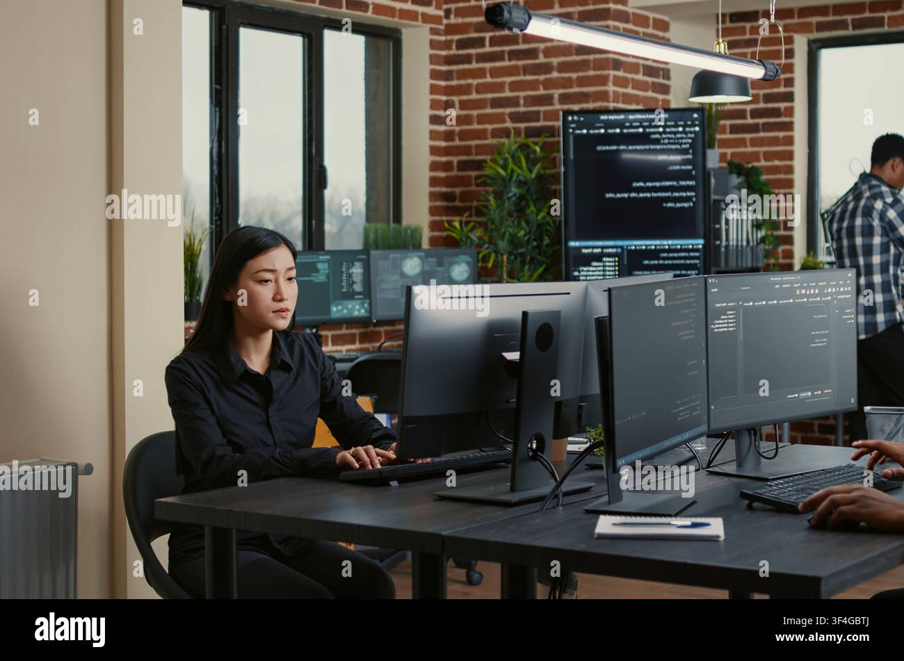 Programmer holding a clipboard sits near a colleague writing code as database admins work on big data, machine learning software and a shared development project. Stock Photo