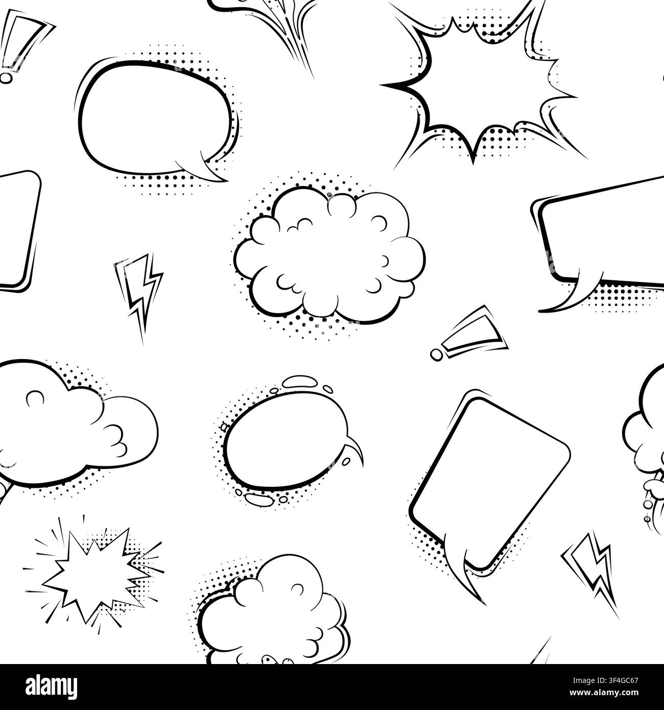 Black and white comic speech bubbles and lightning bolts seamless vector pattern Stock Vector