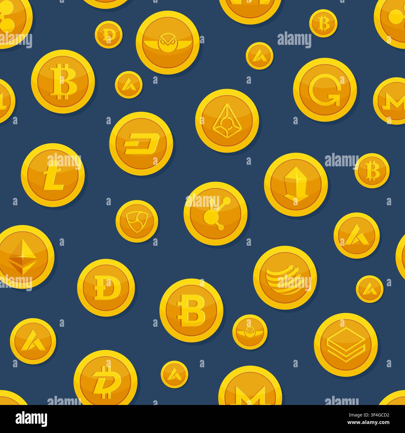 Cryptocurrency coins Bitcoin Litecoin Ethereum Dash seamless vector pattern Stock Vector