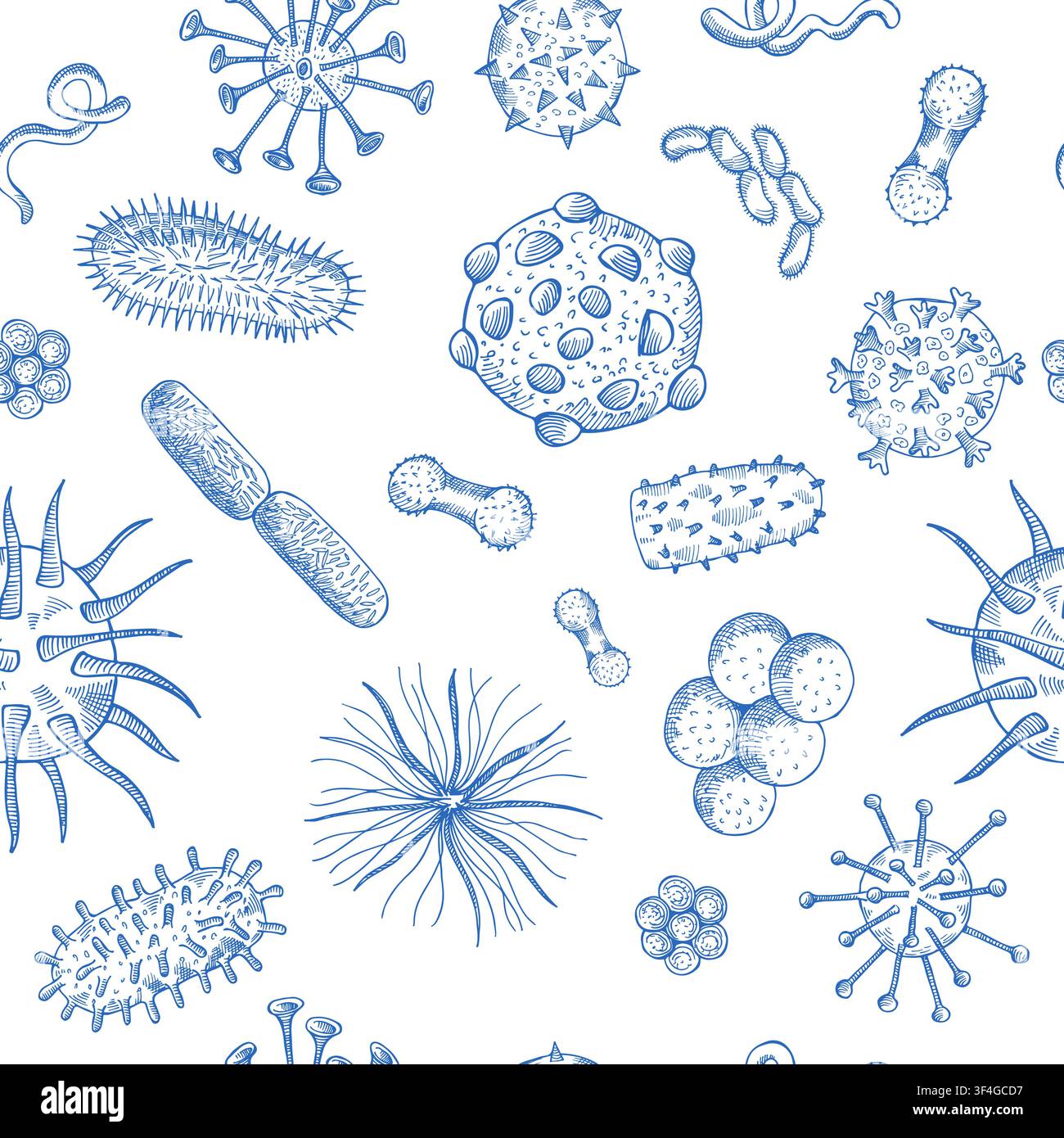 Hand drawn bacteria and virus sketch seamless vector pattern Stock Vector