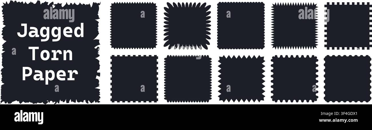 Zig zag style edge square frames set. Black jagged rectangular elements graphic design elements pack isolated on transparent background. Vector PNG Stock Vector