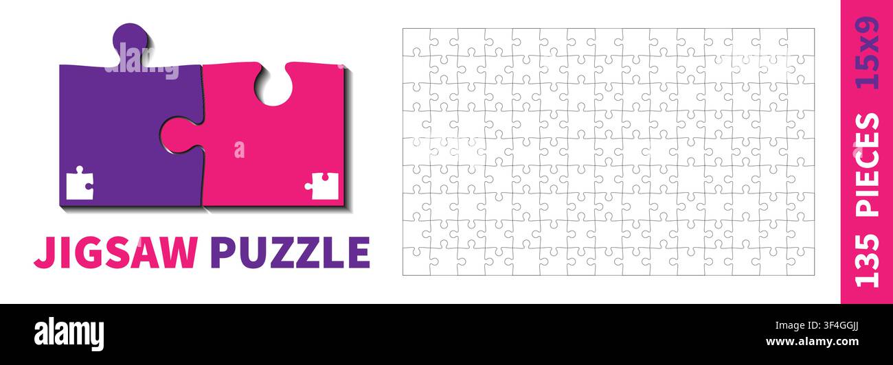 Detailed various shapes puzzle grid. Jigsaw puzzle blank template. 15x9 shapes, 135 pieces. Separate matching puzzle elements. Vector illustration Stock Vector