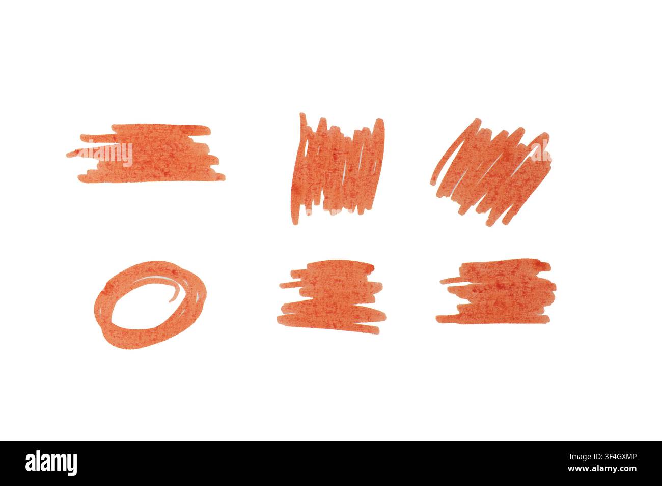 Hand drawn red marker scribbles and highlighter strokes isolated on a white background. Stock Photo