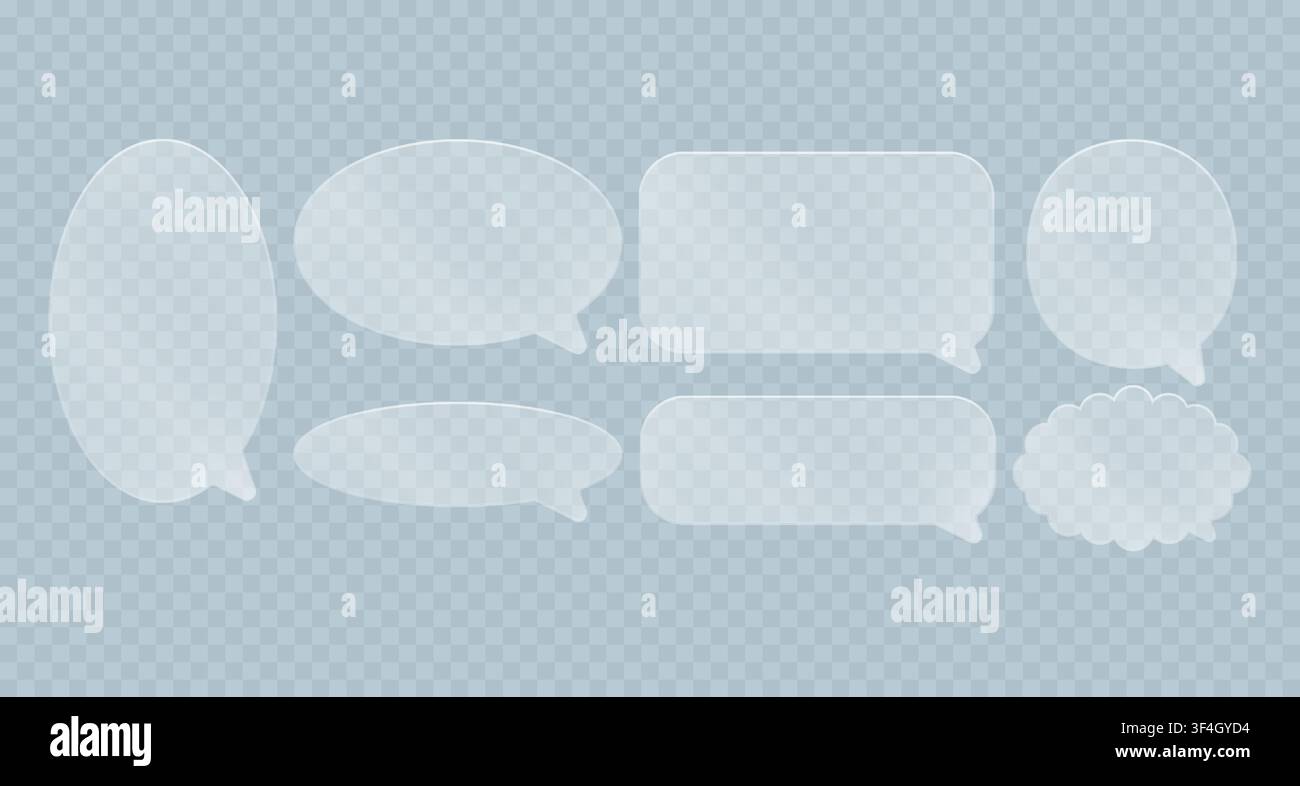 3D glass chat bubbles set. White crystal speech clouds for dialog interface Stock Vector