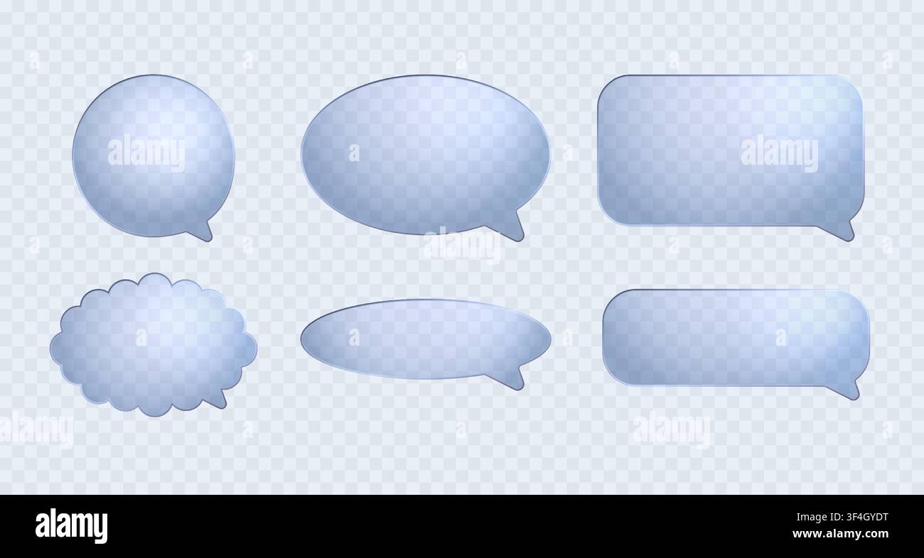 3D glass dialog clouds. Set of crystal message icons isolated on transparent background Stock Vector