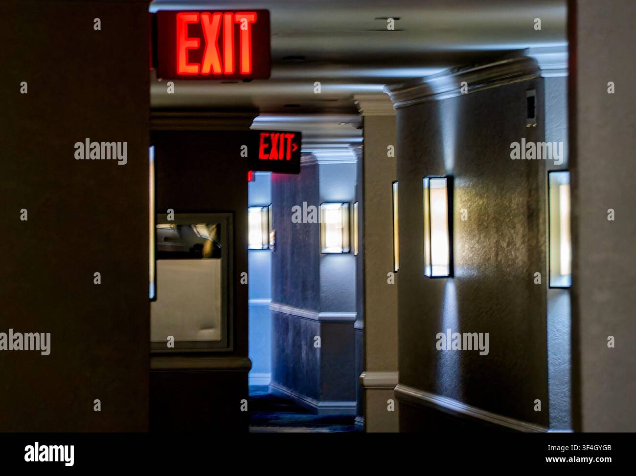 Exit signs in a hotel Stock Photo