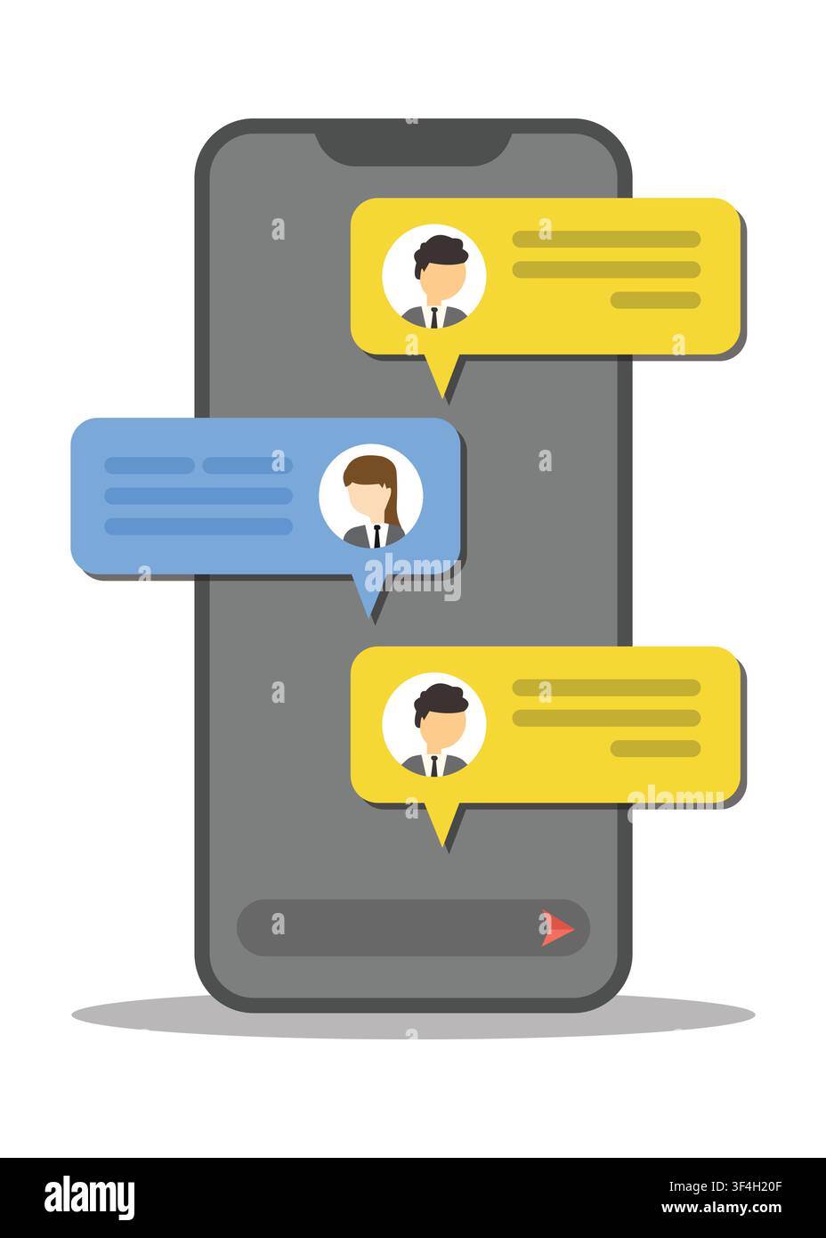 Flat vector illustration of mobile messaging app with colorful chat bubbles, user avatars, and instant communication for social networking. Stock Vector