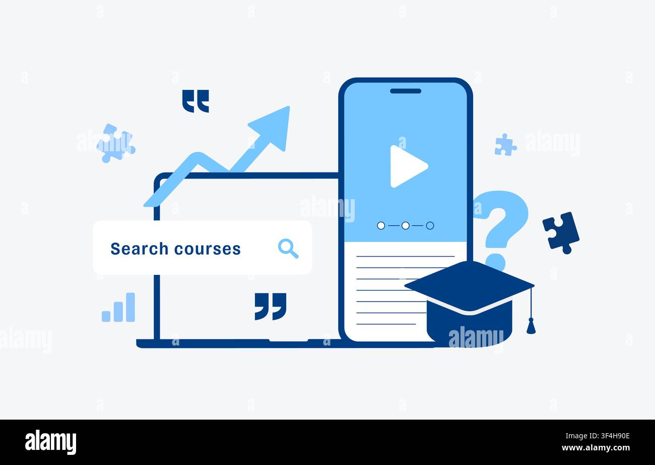 Learning management system with course search, online training, student progress tracking, educational analytics and learning content management for digital classrooms flat design vector illustration. Stock Vector