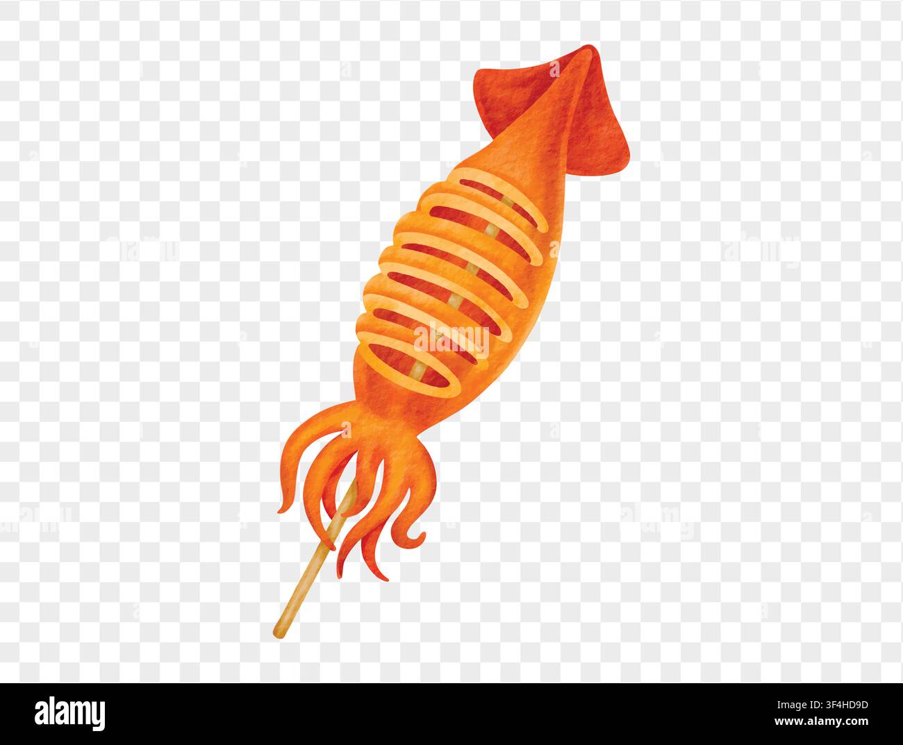 Grilled squid on stick watercolor illustration vector. Stock Vector