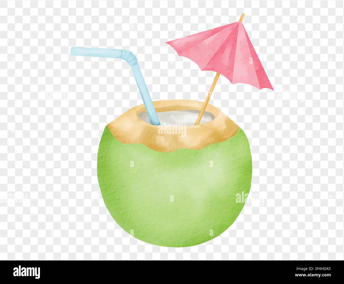 Coconut drink with umbrella watercolor vector. Stock Vector