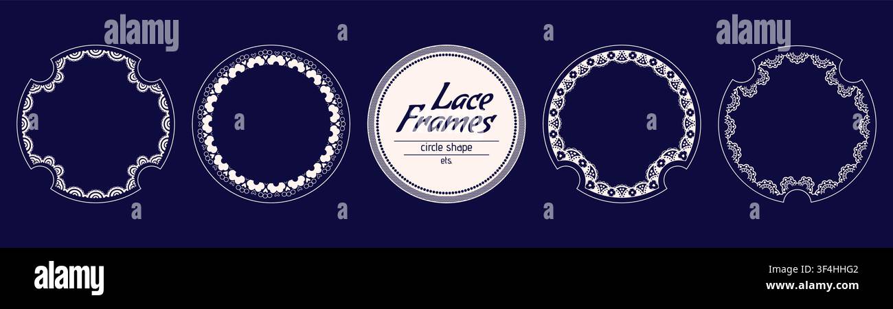 Pack with lace scalloped circle frames on embroidery theme. Stock Vector