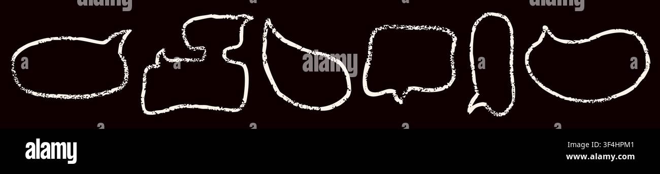 Six white blob crayon speech bubbles on black background. Stock Vector