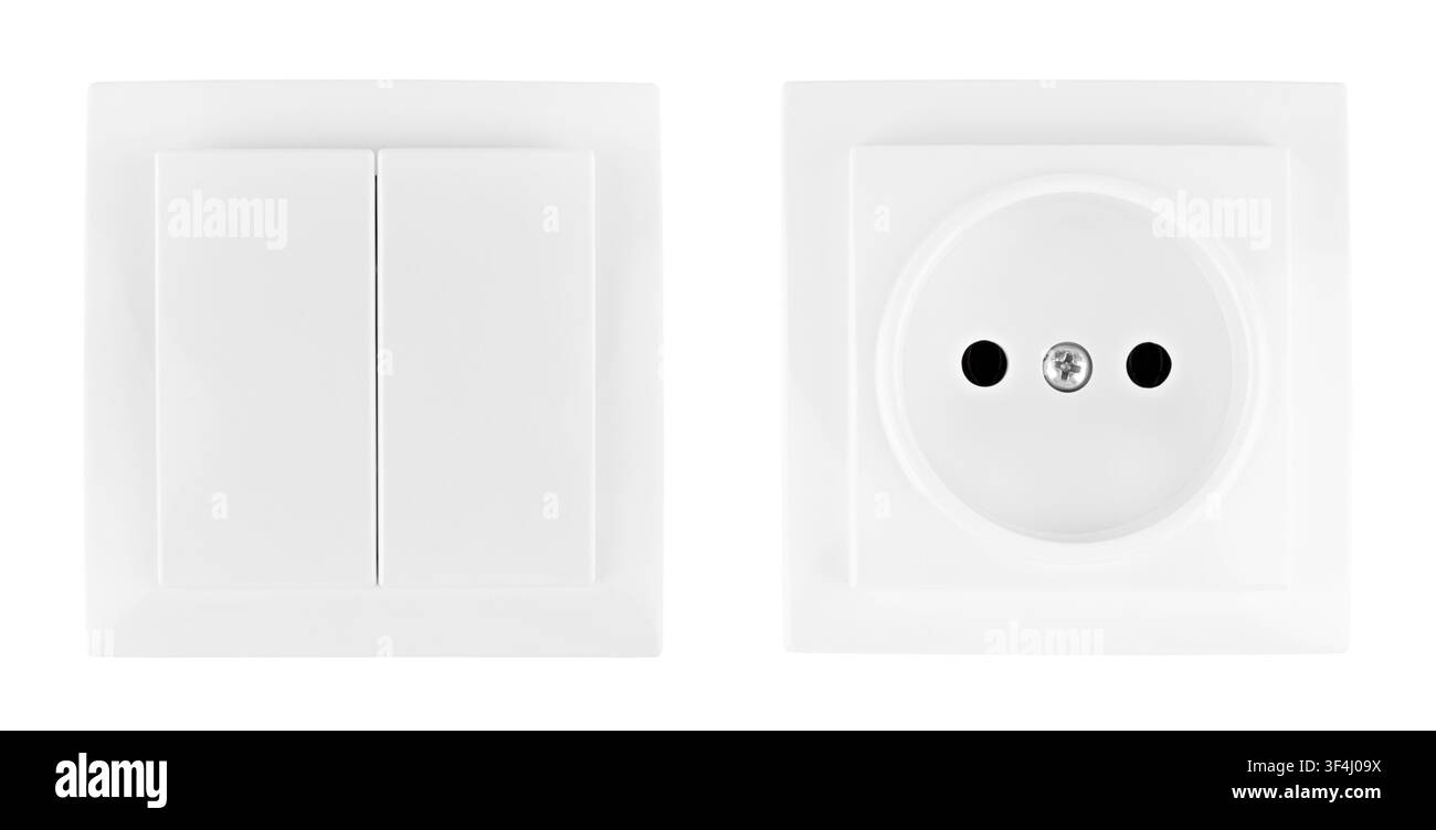 White double light switch and power outlet socket set isolated on white background. Stock Photo