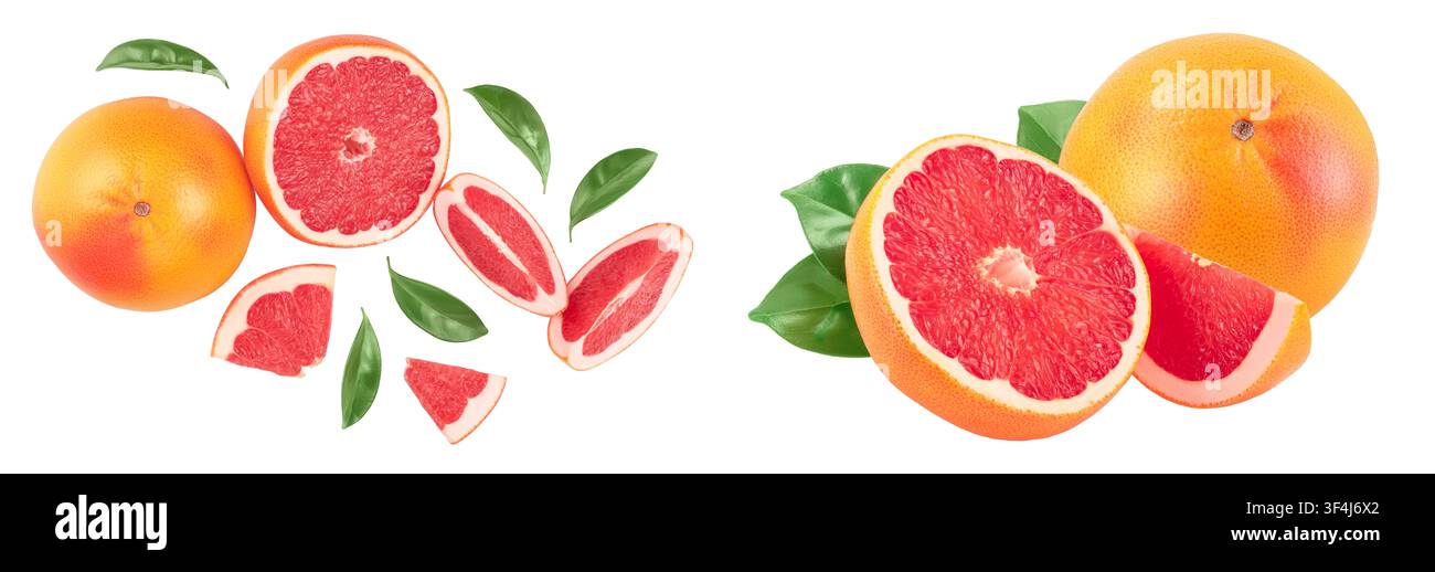 Grapefruit and slices with leaves isolated on white background. Top view. Flat lay. With clipping path and full depth of field Stock Photo