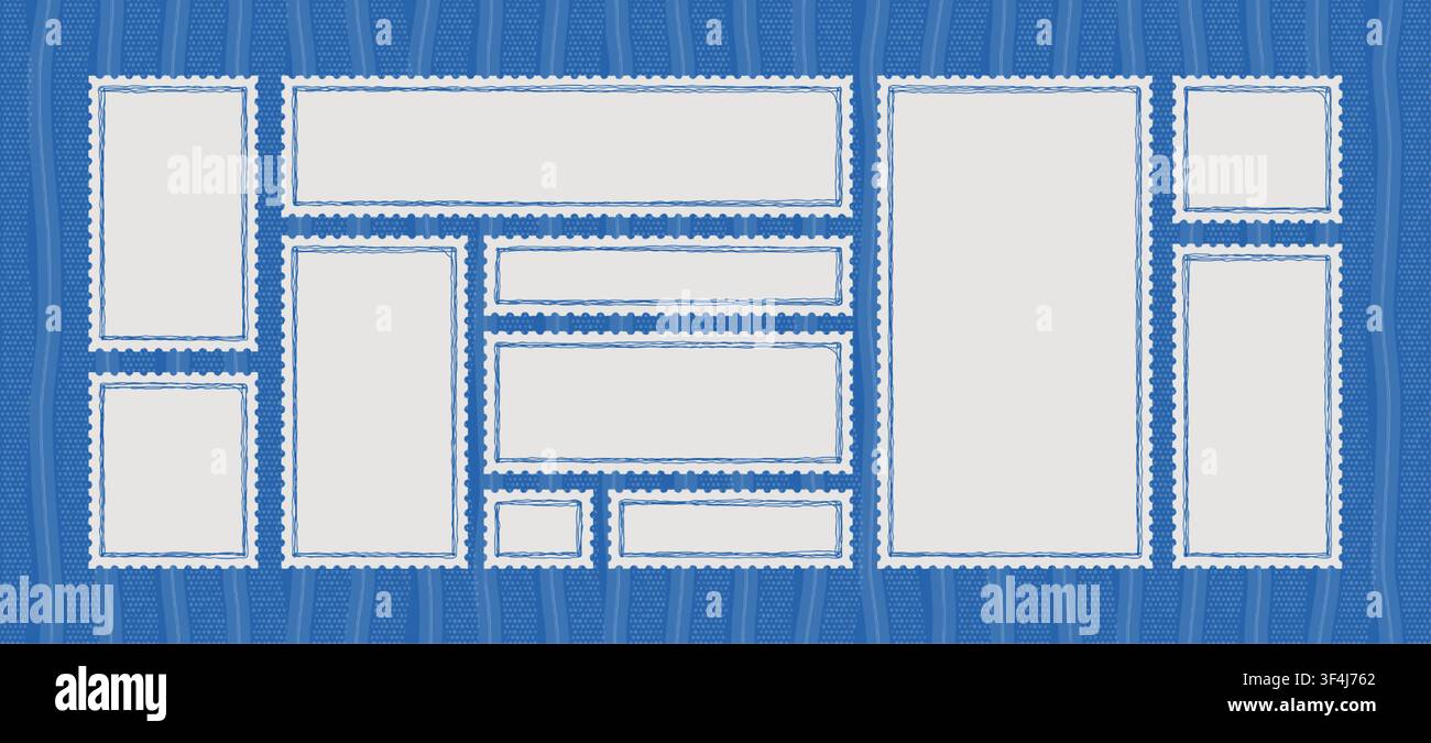 Blue post stamp border set vector with perforated white frames and subtle patterned background. Assorted postage templates create a bold vintage Stock Vector