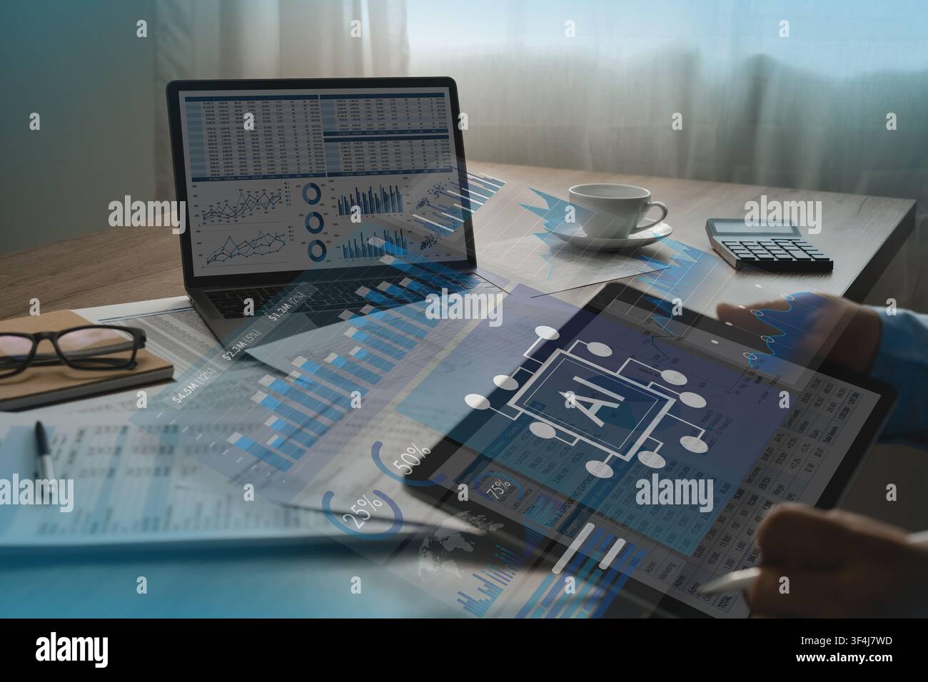 man review financial data on tablet beside laptop charts, calculator, reports, using AI dashboard overlays to support digital analysis, document compa Stock Photo