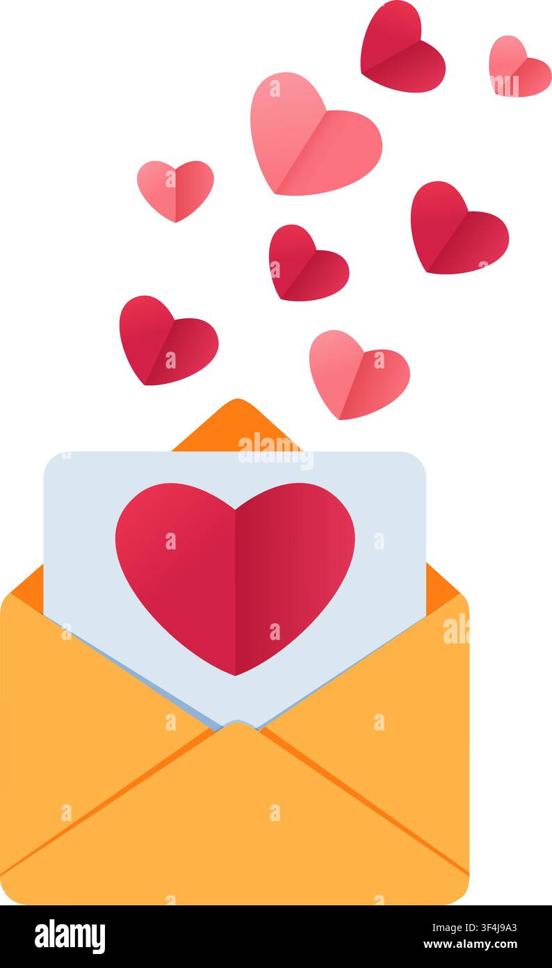 An open mail envelope releases paper hearts. This graphic suits cards, invitations, messages, and romantic projects. Stock Vector