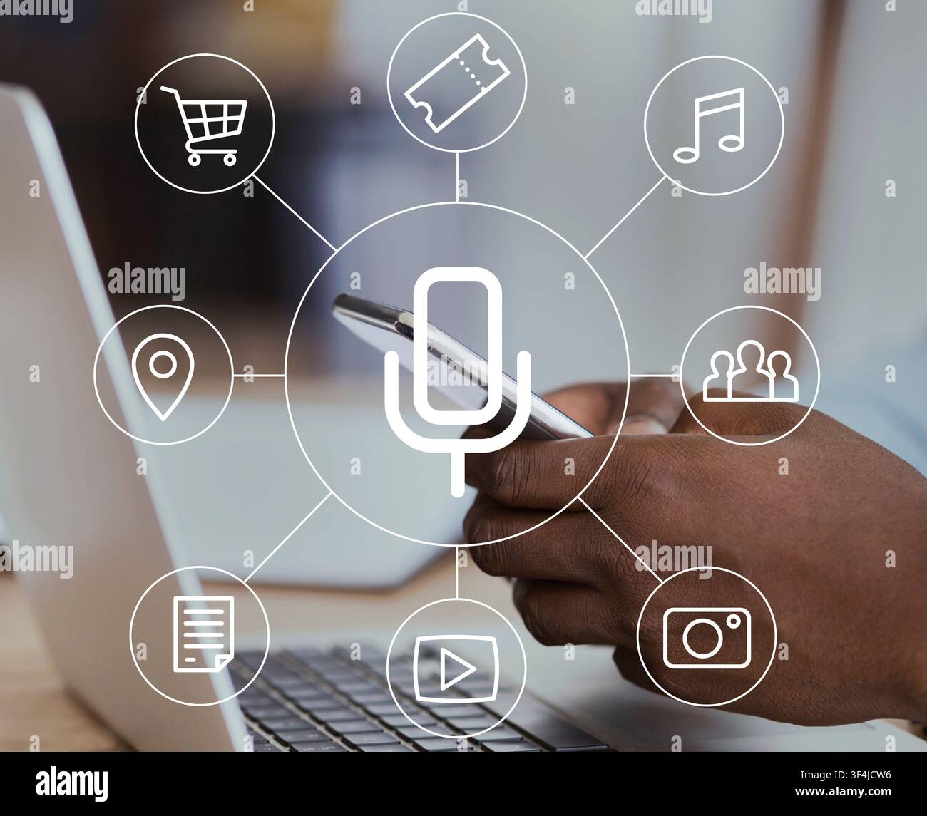 Man Using Voice Assistant On Smartphone Sitting In Office, Closeup Stock Photo