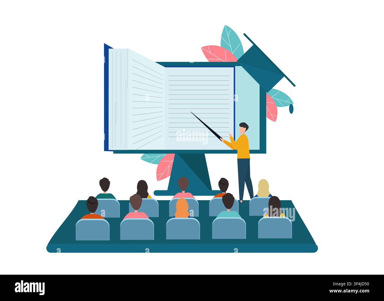 Lecturer pointing to computer screen with notebook in front of students on white background, flat vector illustration Stock Vector