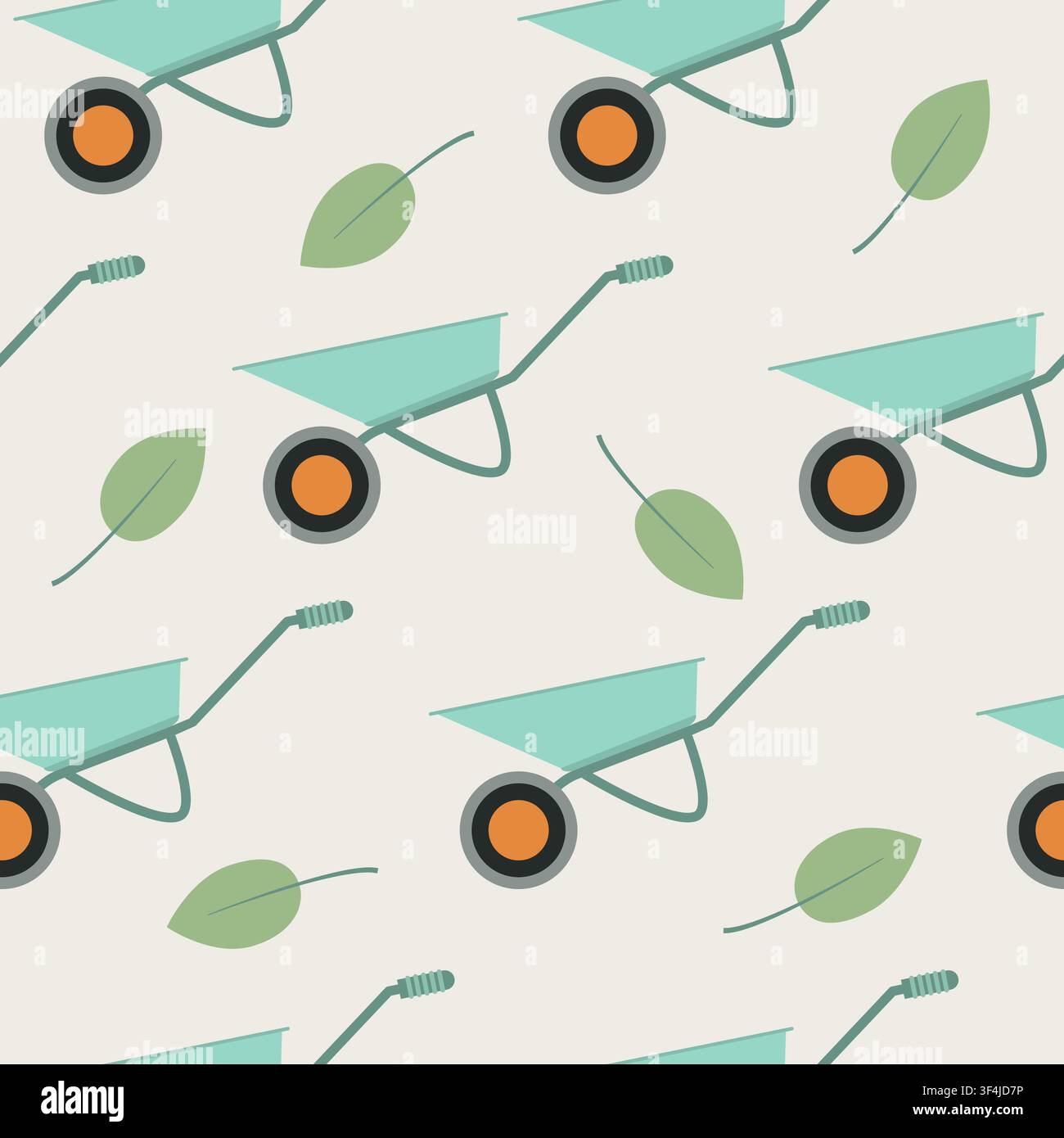 Wheelbarrows and green leaves on light background, vector seamless pattern. Gardening tools repeat backdrop Stock Vector