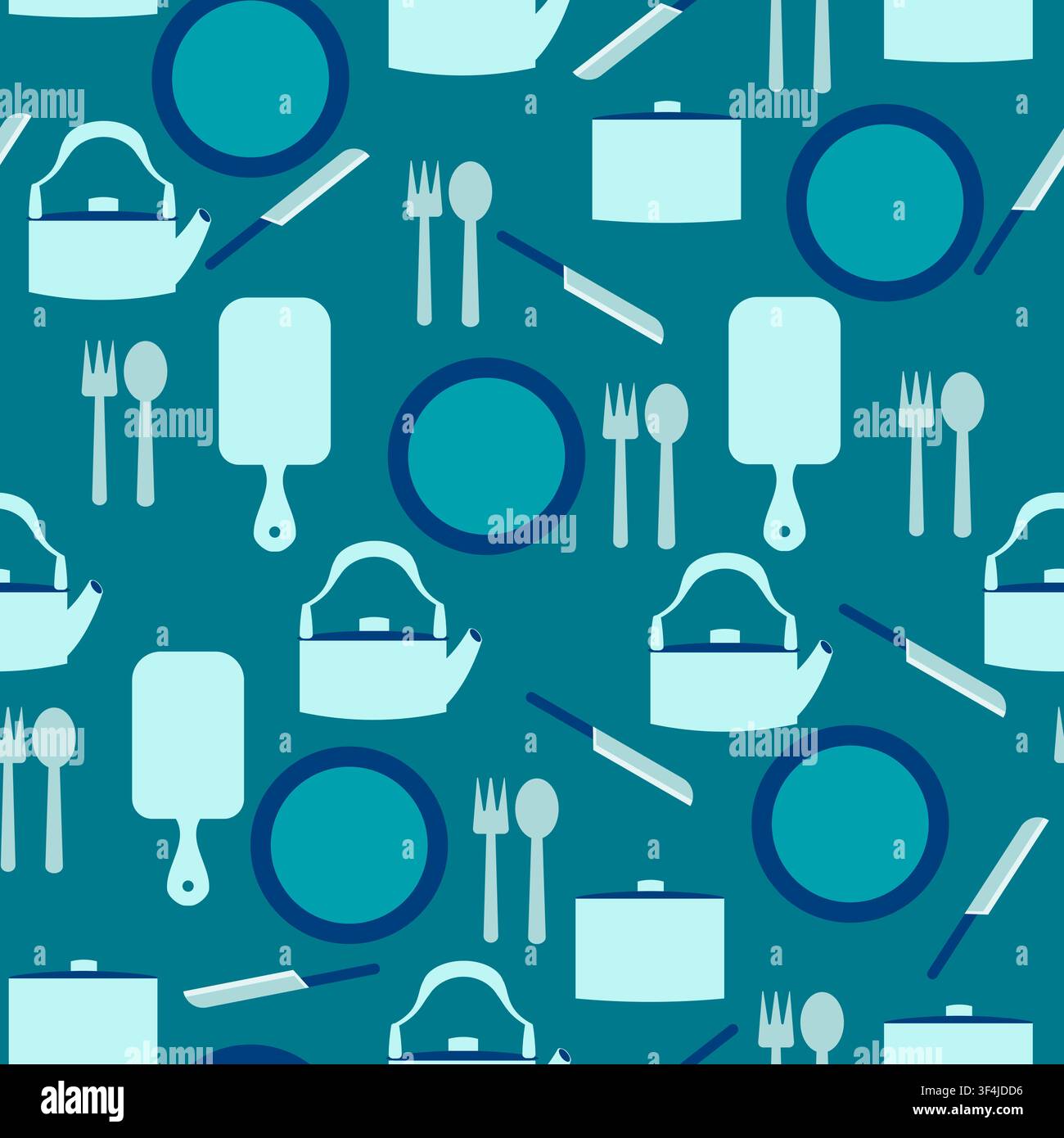 Vector seamless pattern with tableware on blue background. Repeat backdrop with kitchen items. Wallpaper, fabric design Stock Vector