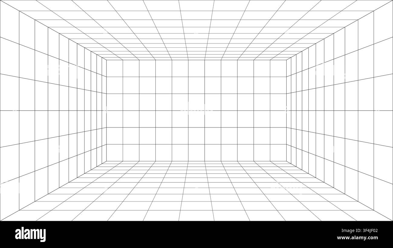 Grid perspective room with wireframe box interior and geometric space background lines forming an empty three dimensional architectural structure Stock Vector