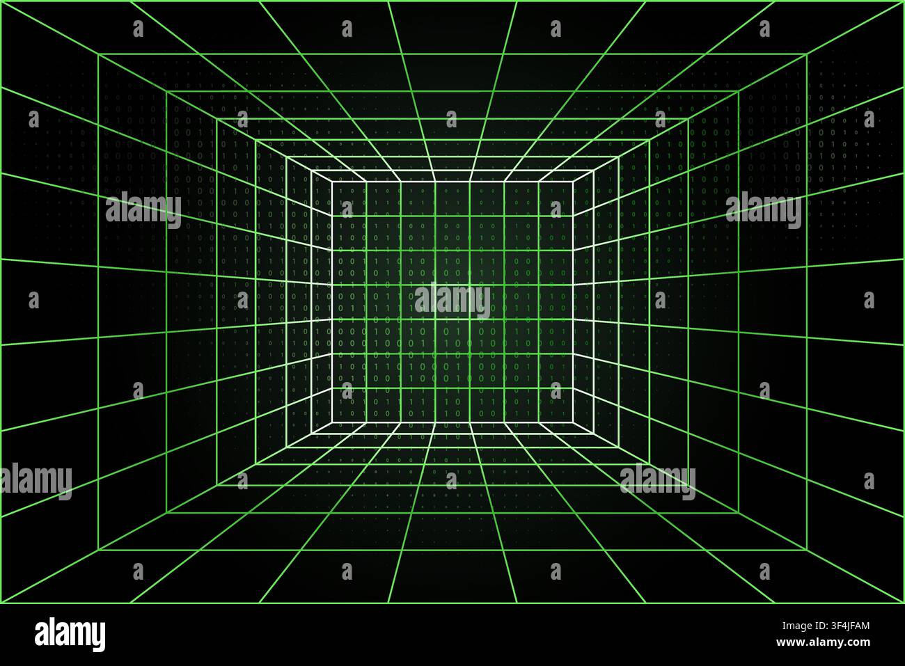 Wireframe cube room with green binary matrix grid in a digital perspective background forming a deep futuristic data space Stock Vector