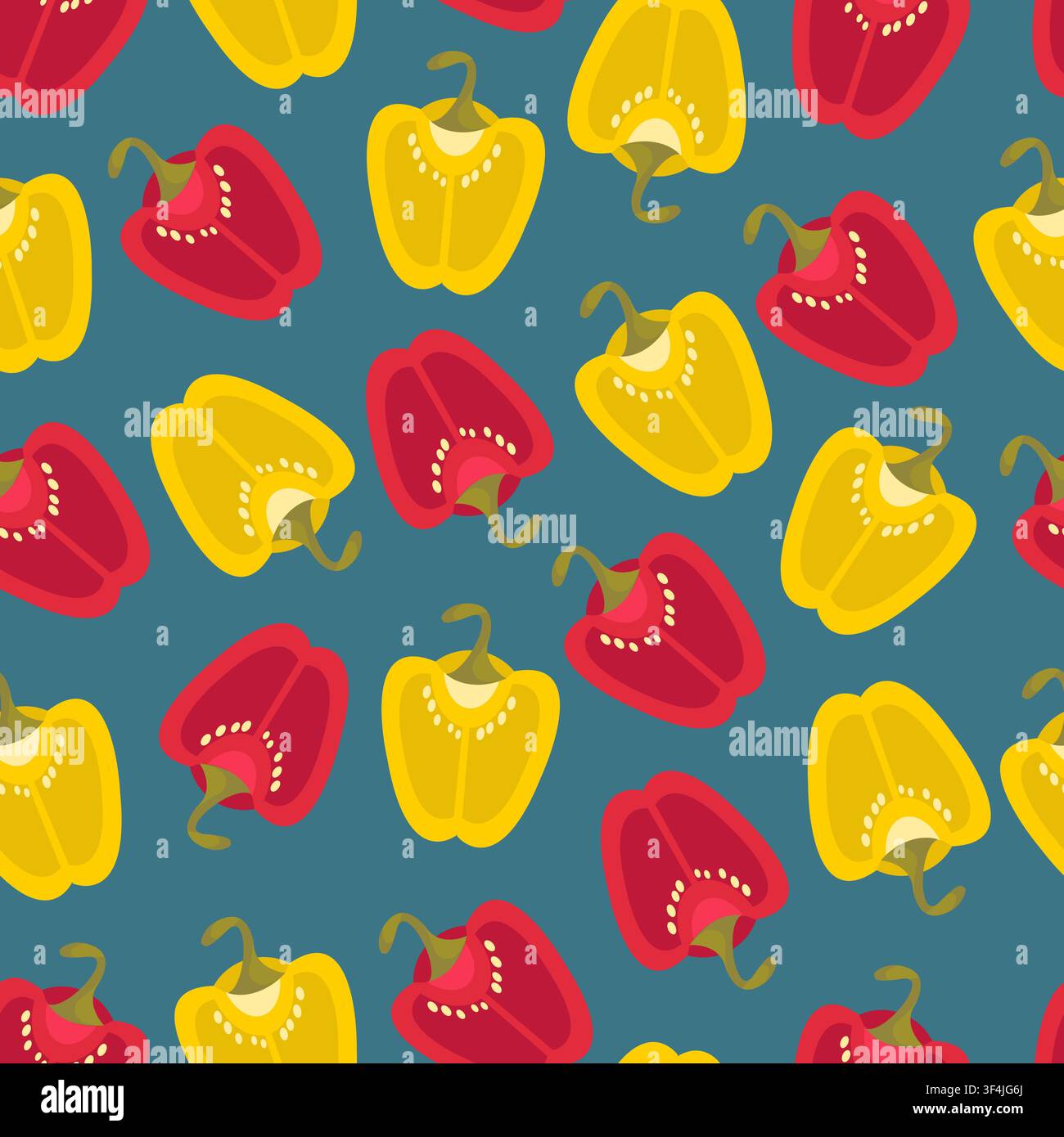 Different bell peppers on grey background, vector seamless pattern. Vegetable repeat backdrop. Wrapping paper design Stock Vector