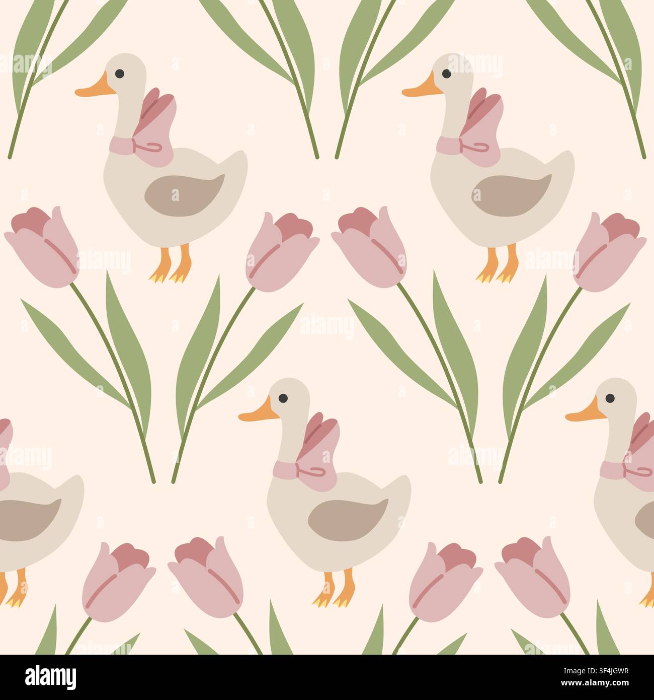 Cute, spring, cozy pattern with tulips and duck Stock Vector