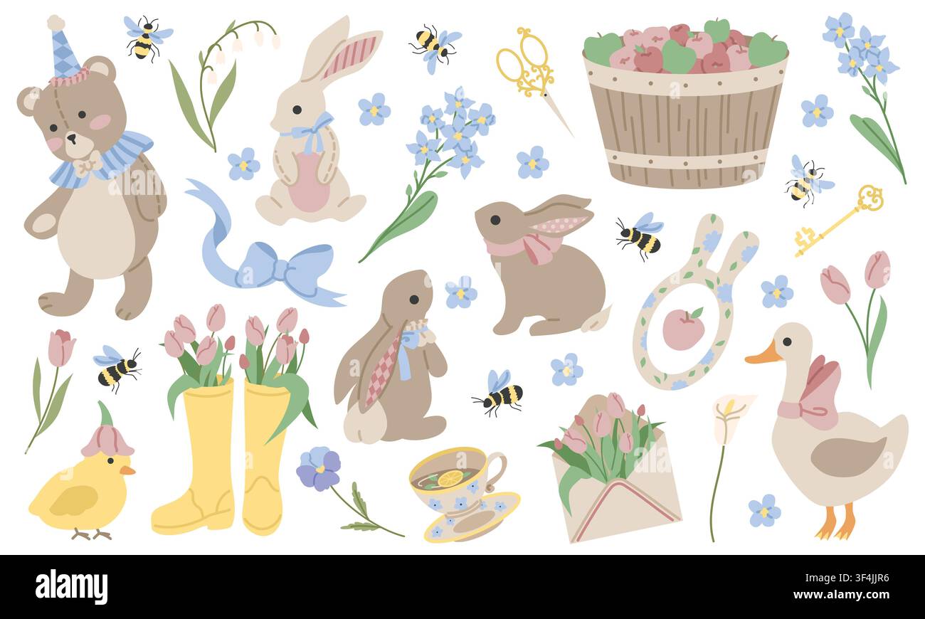 Vector spring set. Flat design. Cute spring badges Stock Vector