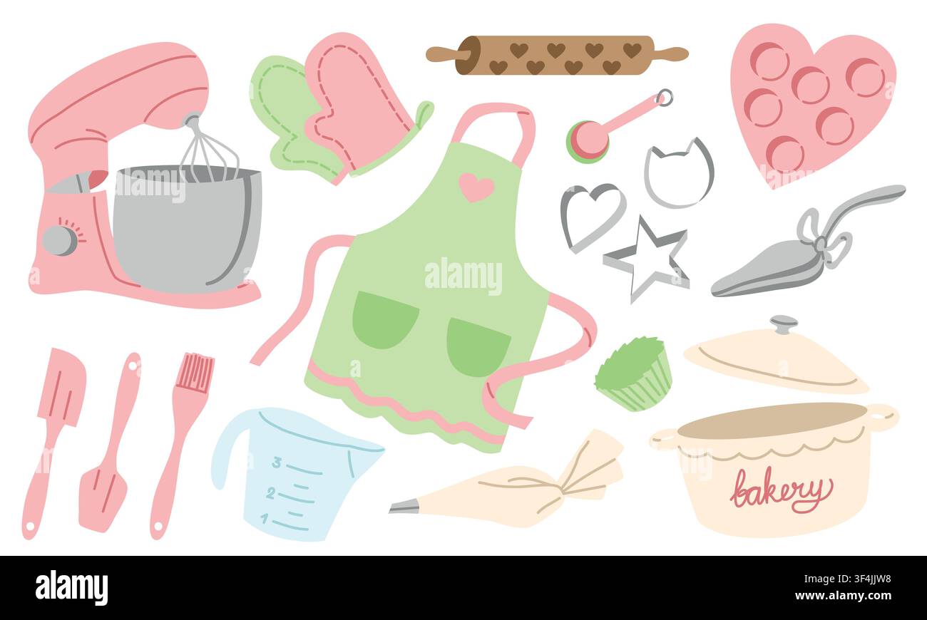Baking Equipment Collection with Cute Elements Stock Vector