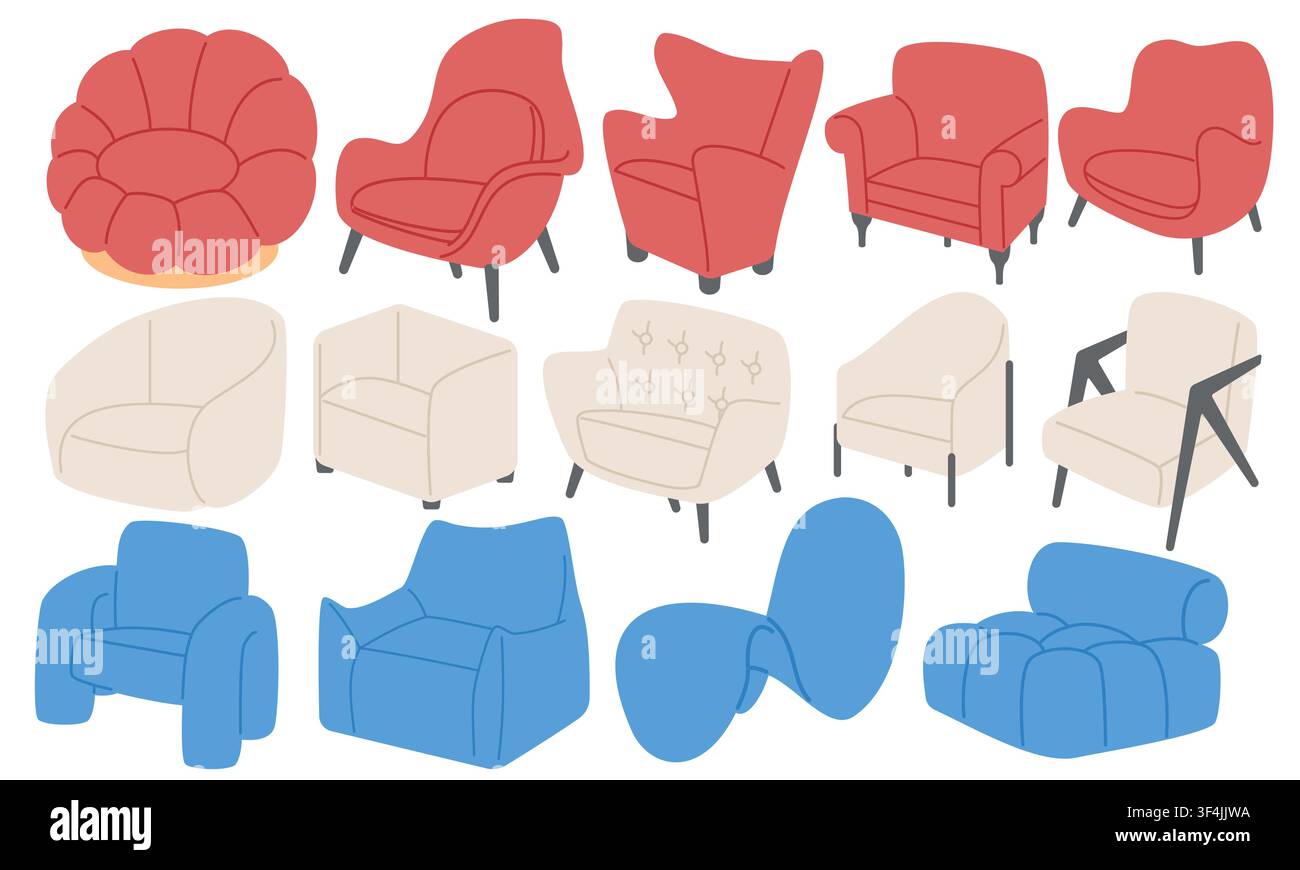 Modern Armchairs Collection Flat Illustration Set Stock Vector