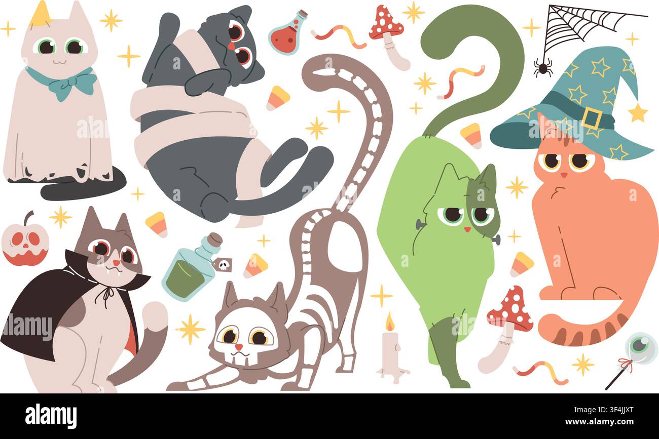 Halloween vector set with cats. For scrapbooking  Stock Vector