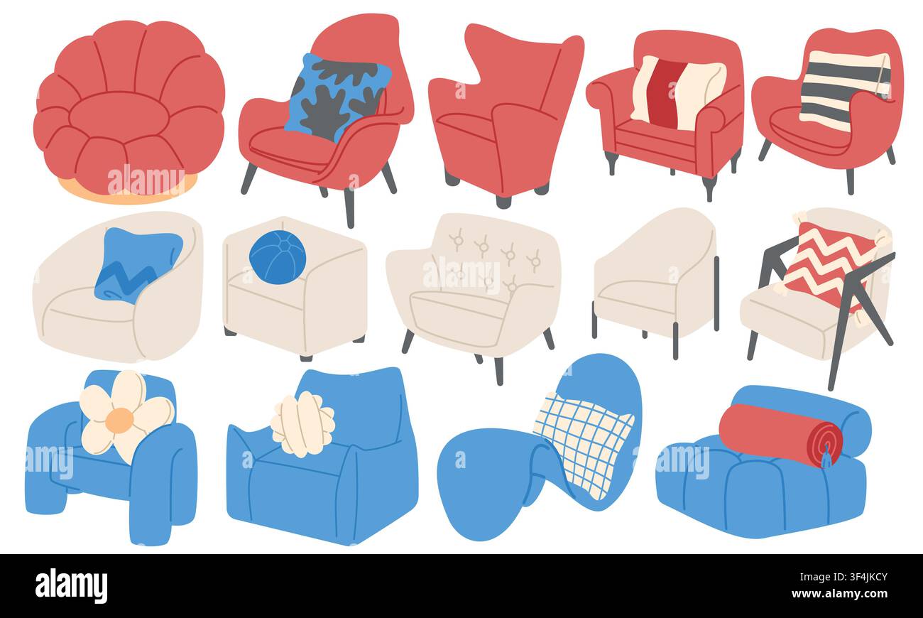 Modern Armchairs Collection Flat Set with Pillows Stock Vector