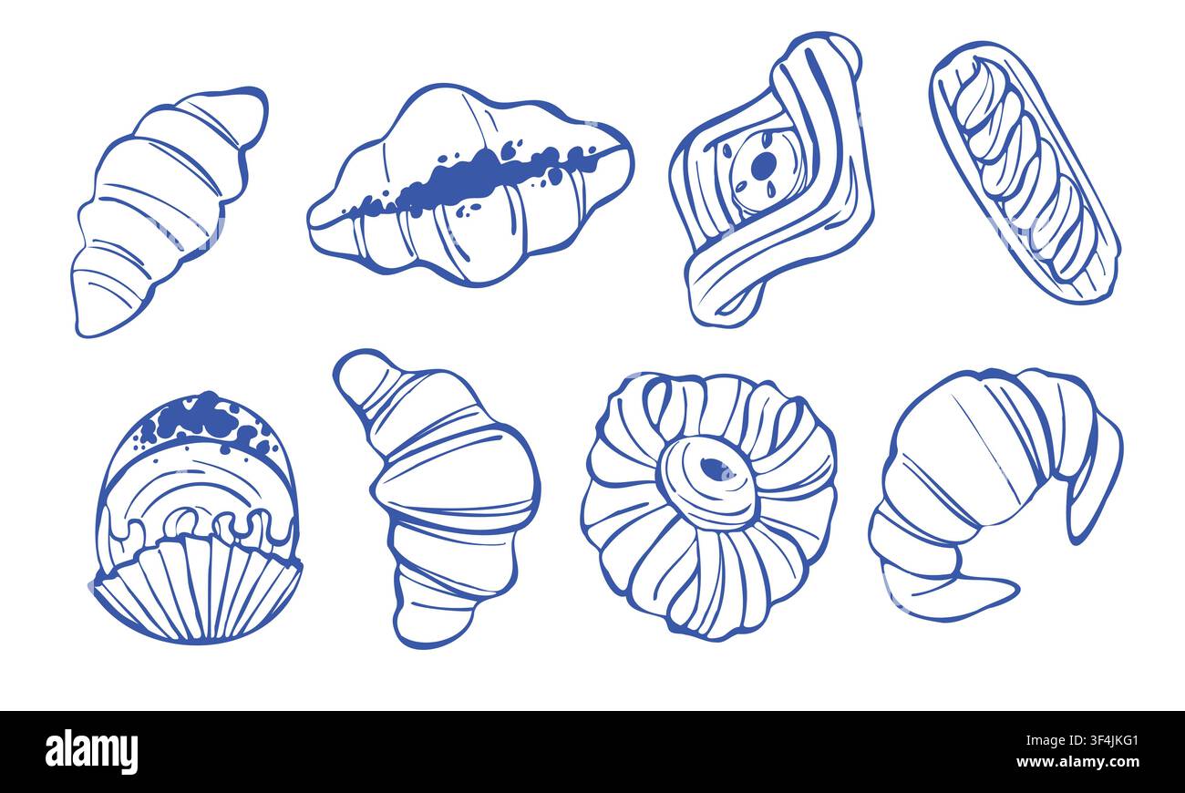 Croissants and Pastries Outline Doodle Set Stock Vector