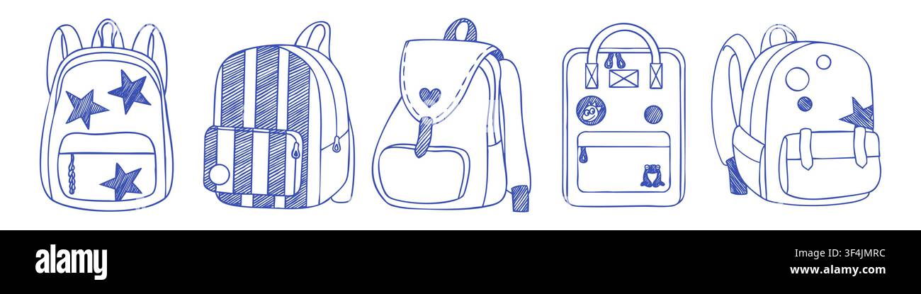 Cute School Backpack Doodle Set Stock Vector