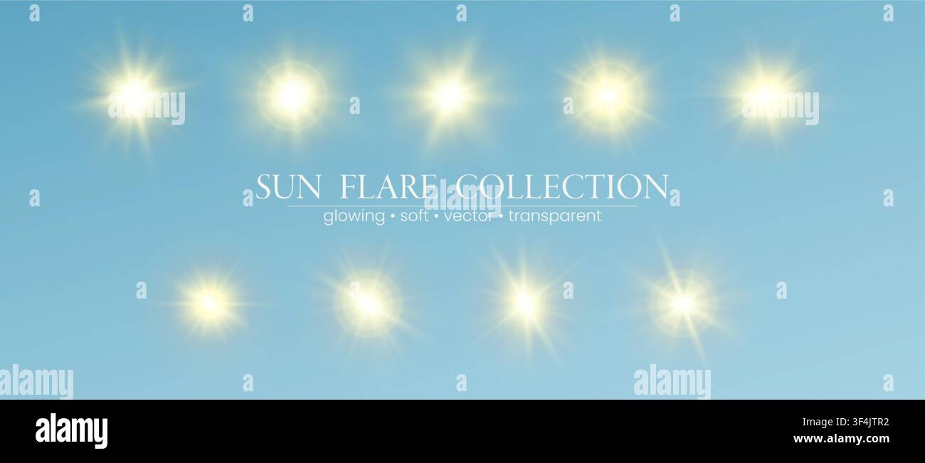 Sun Flare Collection on Blue Background Stock Vector