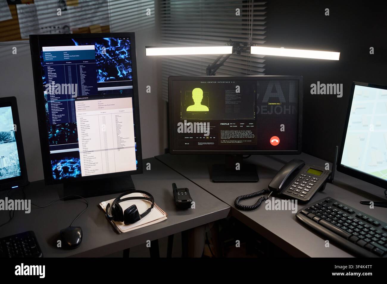 Call Center Workstation Displaying Customer Profile Data for Support Stock Photo