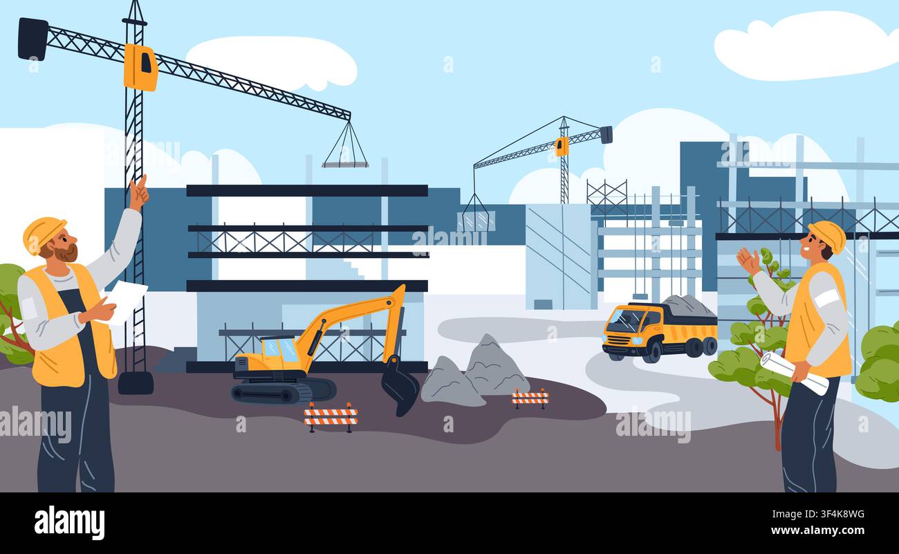 Construction site operations. Concrete mixer and crane. Truck carrying building materials. Slabs and frames being clad. Housing development. Workers Stock Vector