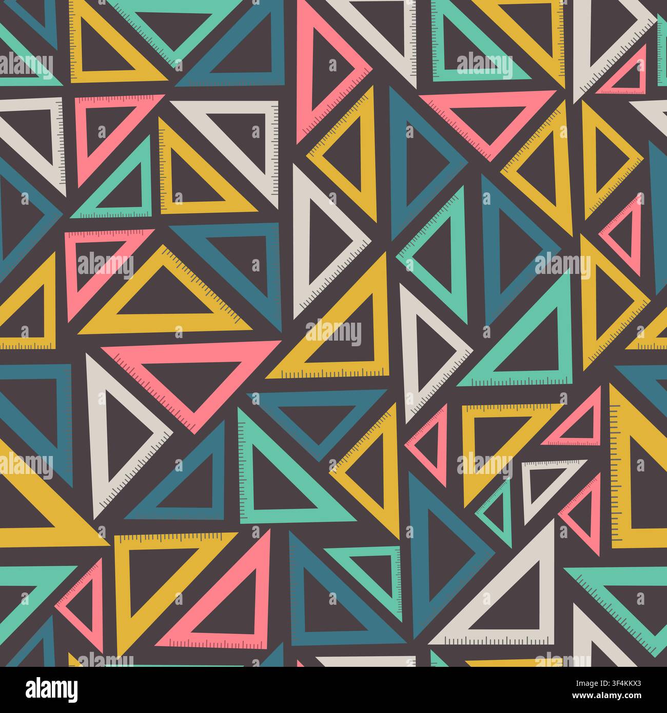Triangular rulers on dark grey background, vector seamless pattern. Stationery tools repeat backdrop. Textile design Stock Vector