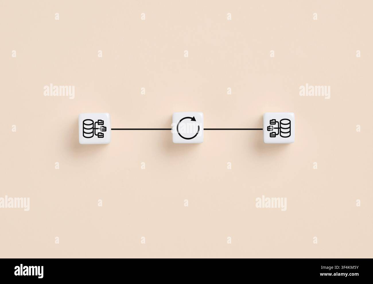 Representing a concept of data synchronization, system update, and server transfer showing cubes connected by a line Stock Photo