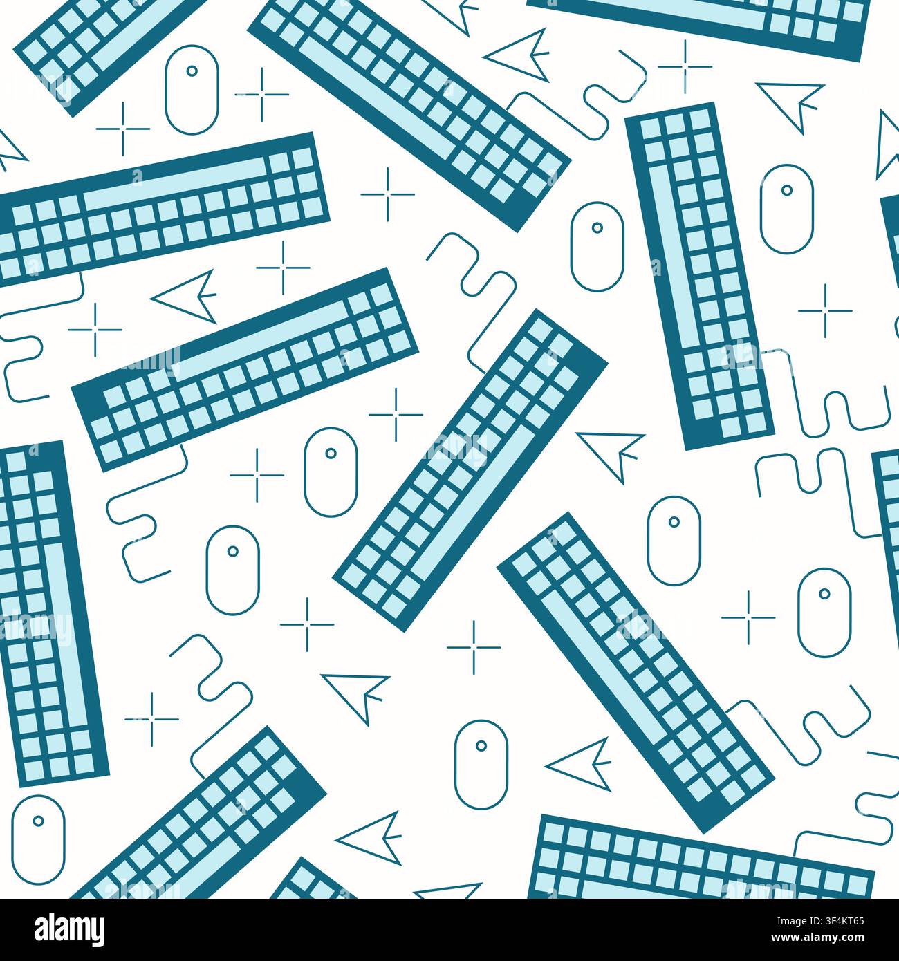 Computer keyboards and thin line mouse devices on white background, vector seamless pattern. Wallpaper, fabric design Stock Vector