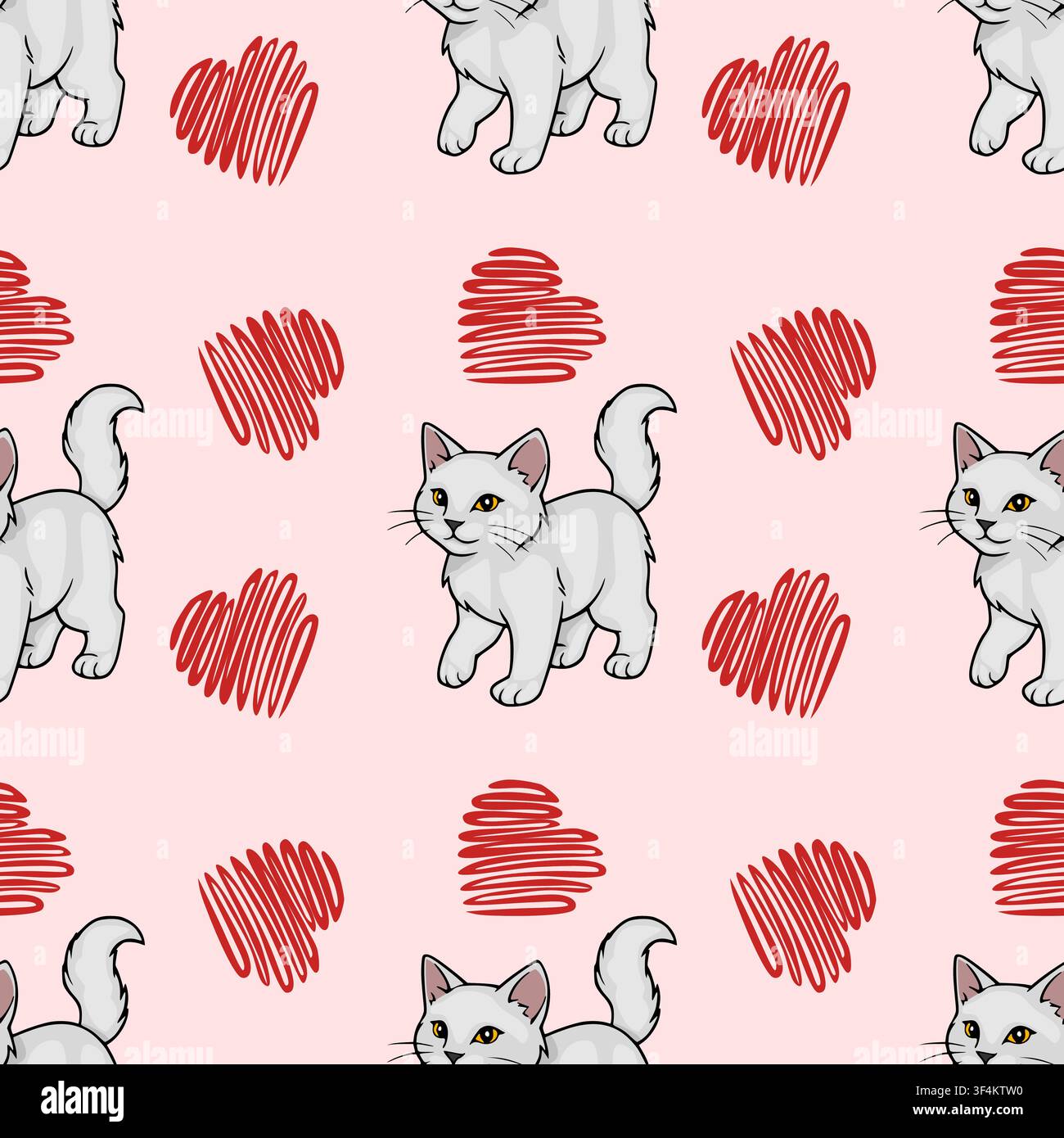 Seamless vector pattern with cute white cats and red scribble hearts on a soft pink background Stock Vector